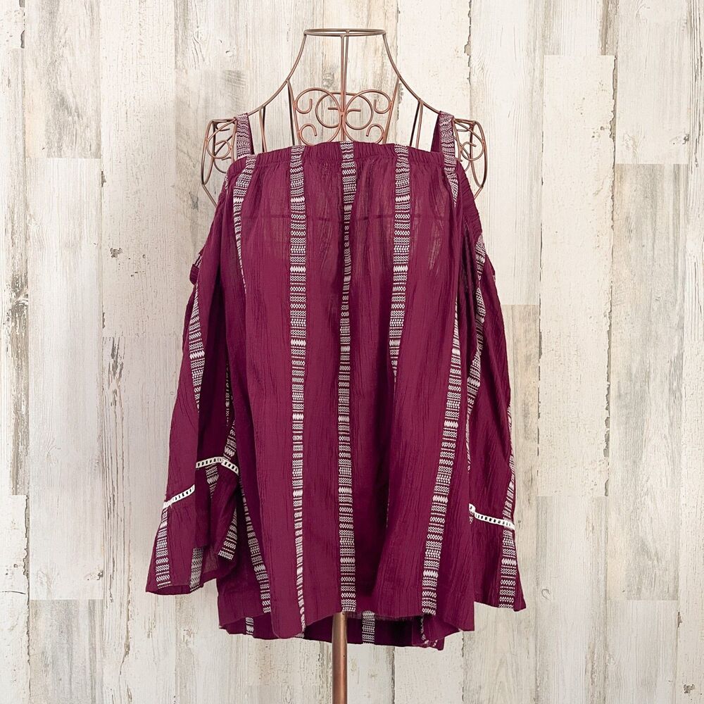 Off Shoulder Striped Boho Top L Casual Festival Lagenlook Wine Red Cruise Resort